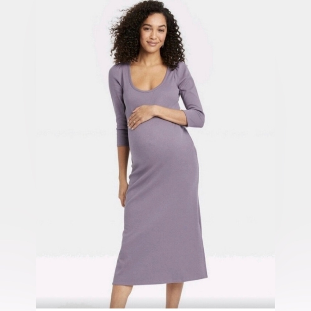 The Nine by Hatch Purple 3/4 Sleeve Ribbed Body Con Scoop Neck Maxi Dres…